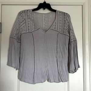 CANIKAT Sexy Lace V Neck Strappy Bell Long Sleeve Button Down Shirt